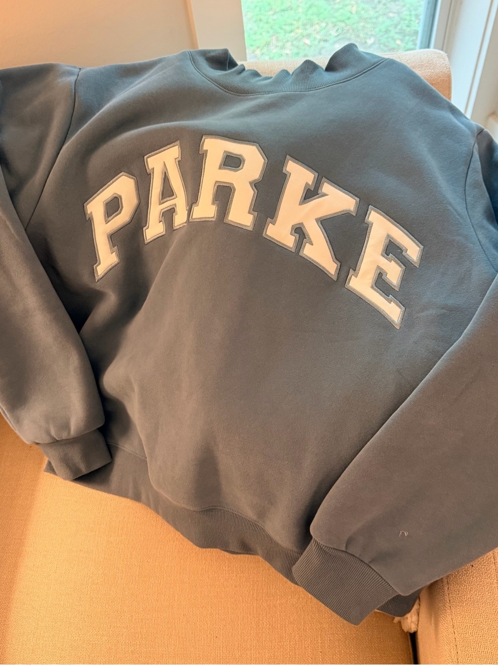 Viral Parke Mock Neck Sweatshirt in Blue with White Lettering